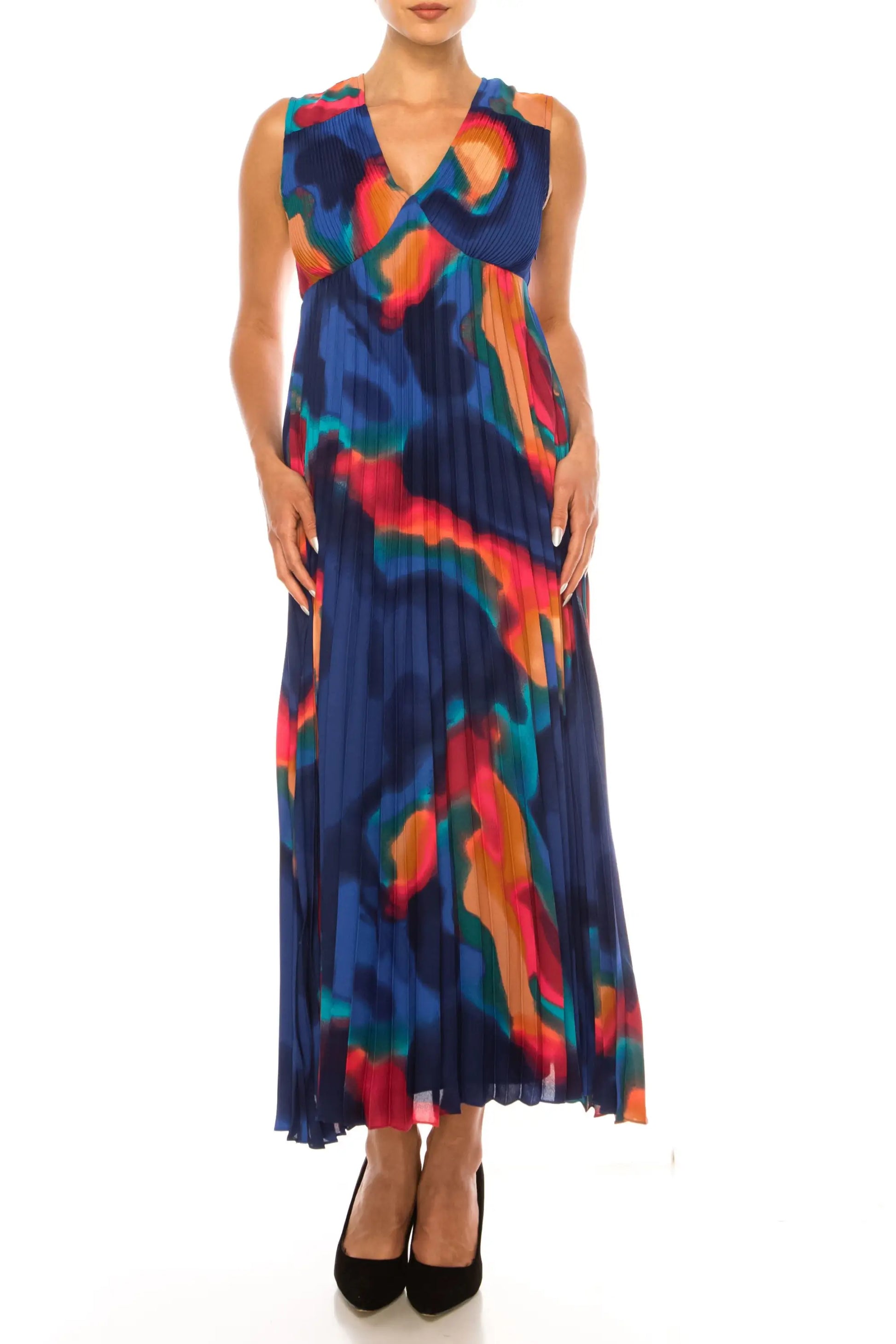 Nicole Miller sleeveless V-neck maxi dress with vibrant abstract print and pleated skirt