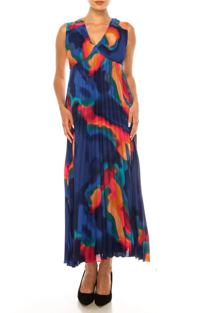 Nicole Miller sleeveless V-neck maxi dress with vibrant abstract print and pleated skirt