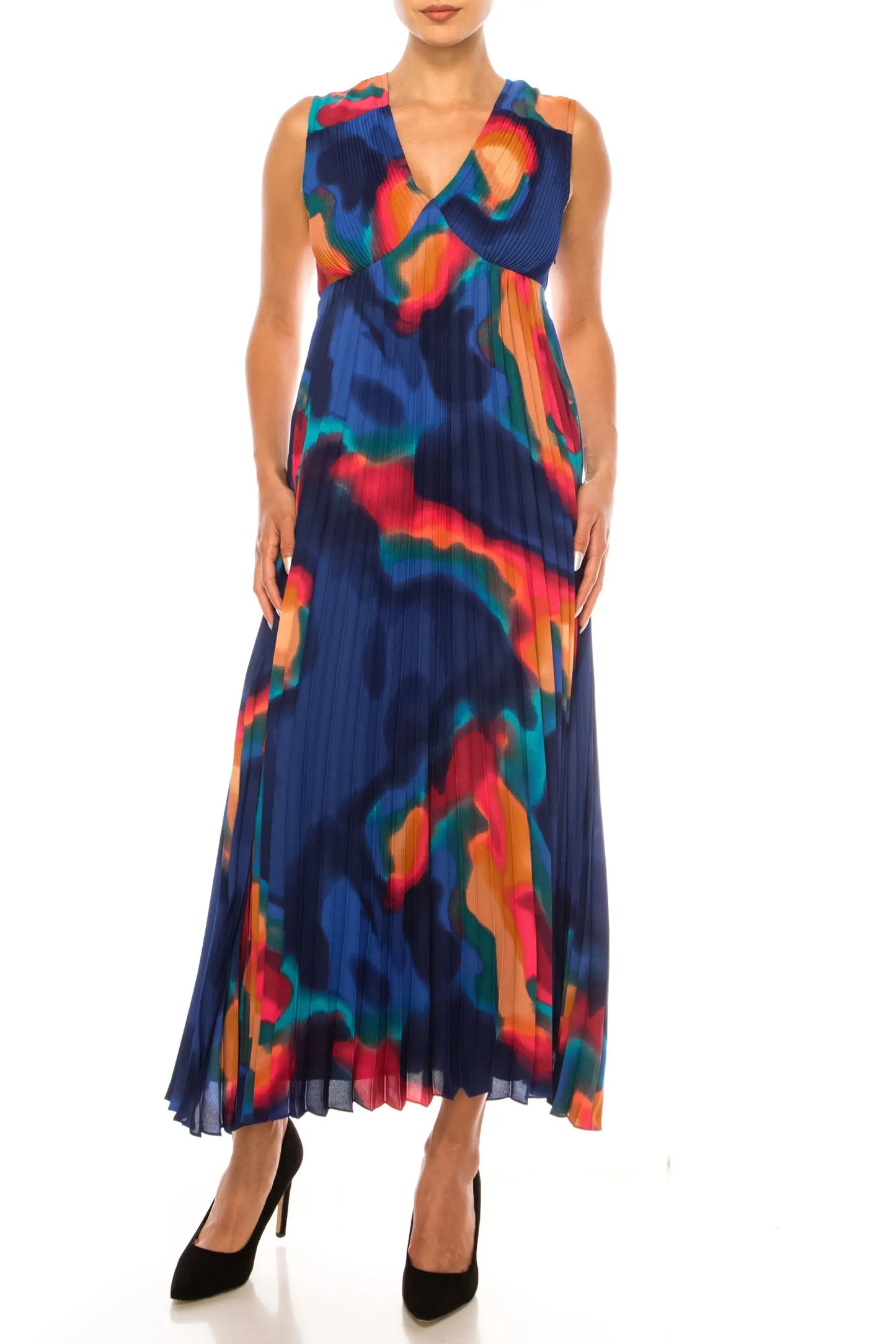 Nicole Miller sleeveless maxi dress with colorful abstract print and pleated skirt