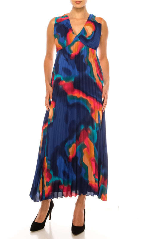 Nicole Miller sleeveless maxi dress with colorful abstract print and pleated skirt