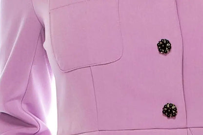 Nicole Miller Rhapsody illusion day dress with purple fabric, ornate buttons, and rounded pocket
