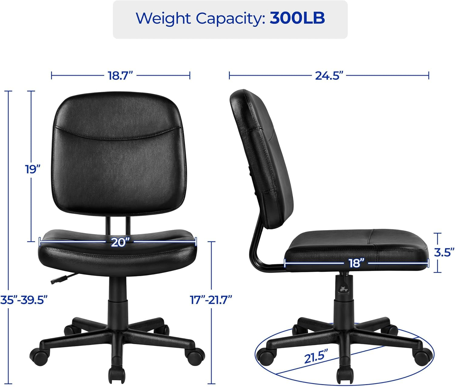 Armless Office Chair Ergonomic Desk Chair Low Back PU Leather Adjustable Swivel Chair Computer Task Chair, Black-2