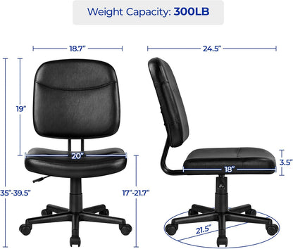 Armless Office Chair Ergonomic Desk Chair Low Back PU Leather Adjustable Swivel Chair Computer Task Chair, Black-2