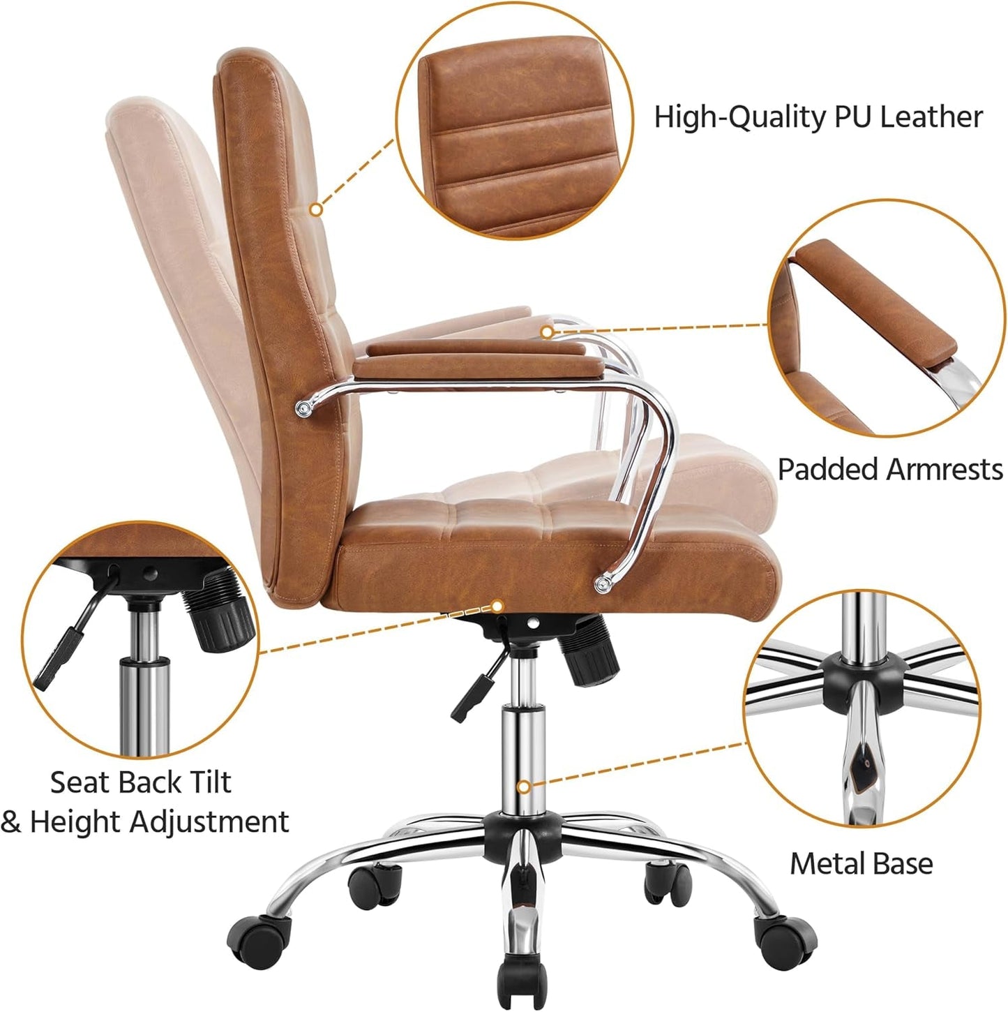 Mid-Back Office Chair with Arms Swivel PU Leather Height Adjustable Office Executive Chair, Retro Brown-3