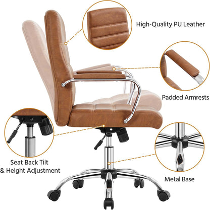 Mid-Back Office Chair with Arms Swivel PU Leather Height Adjustable Office Executive Chair, Retro Brown-3