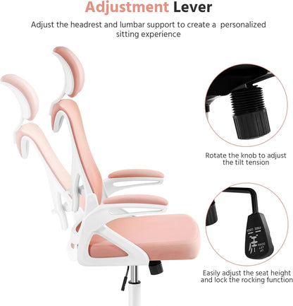 Ergonomic Office Chair, High Back Mesh Desk Chair with Flip-Up Armrests, Adjustable Headrest Computer Chair with Lumbar Support for Home Oiffce Gaming Room, White/Pink-4