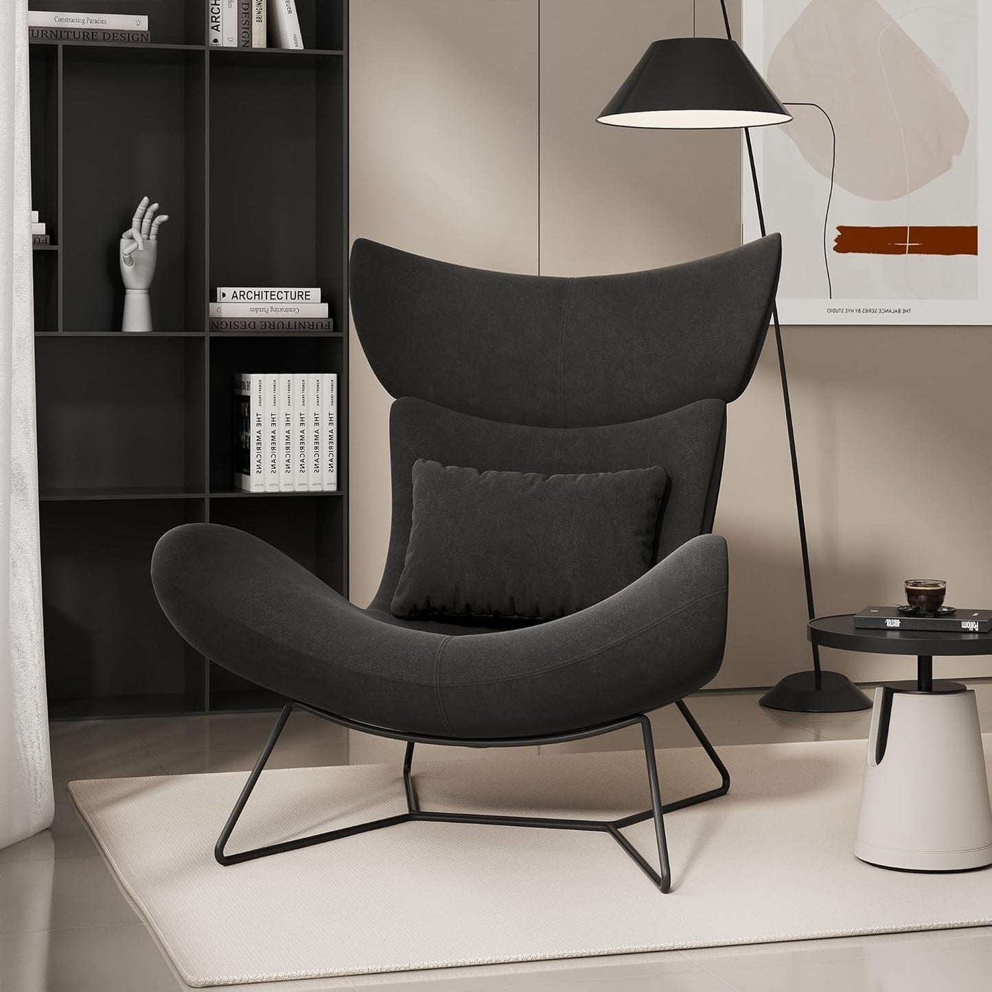 Beige Velvet Wingback Accent Chair Mid Century Modern-2