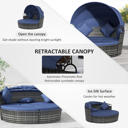 4-Piece round Convertible Daybed with Cushions, Outdoor PE Rattan Patio Wicker Sofa Set, Sunbed with Adjustable Sun Canopy, Sectional Sofa, 2 Chairs, Table, 3 Pillows, Dark Blue-4