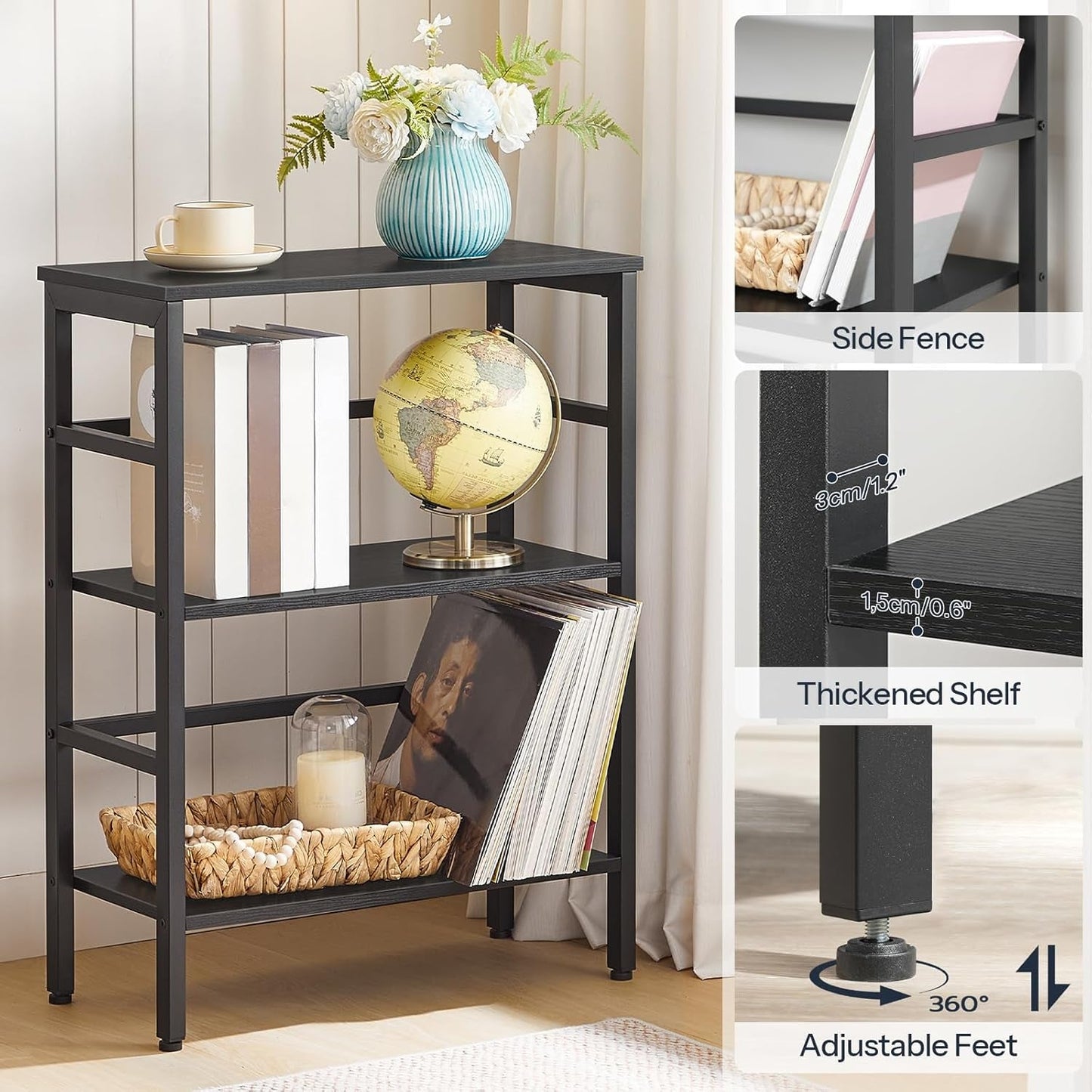 3 Tier Bookshelf, Industrial Bookcase, Record Storage Rack with Side Fence, Wood Storage Shelf with Metal Frame, Rustic Open Display Shelf for Living Room, Bedroom, Black BB86CJ01-4