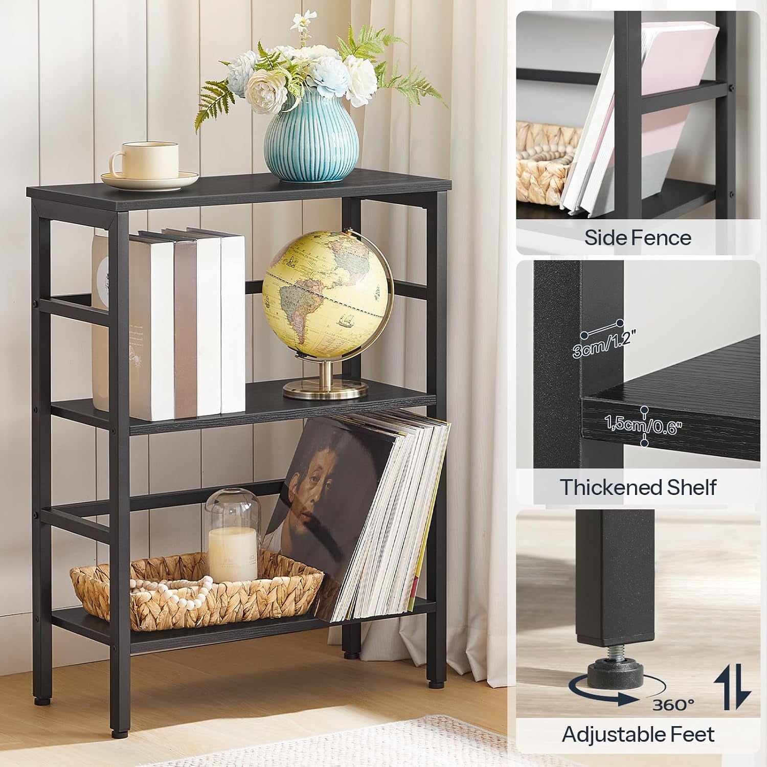 3 Tier Bookshelf, Industrial Bookcase, Record Storage Rack with Side Fence, Wood Storage Shelf with Metal Frame, Rustic Open Display Shelf for Living Room, Bedroom, Black BB86CJ01-4