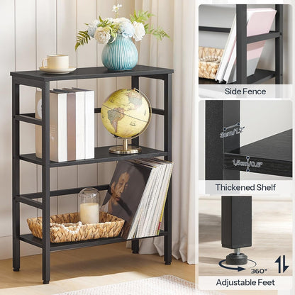 3 Tier Bookshelf, Industrial Bookcase, Record Storage Rack with Side Fence, Wood Storage Shelf with Metal Frame, Rustic Open Display Shelf for Living Room, Bedroom, Black BB86CJ01-4