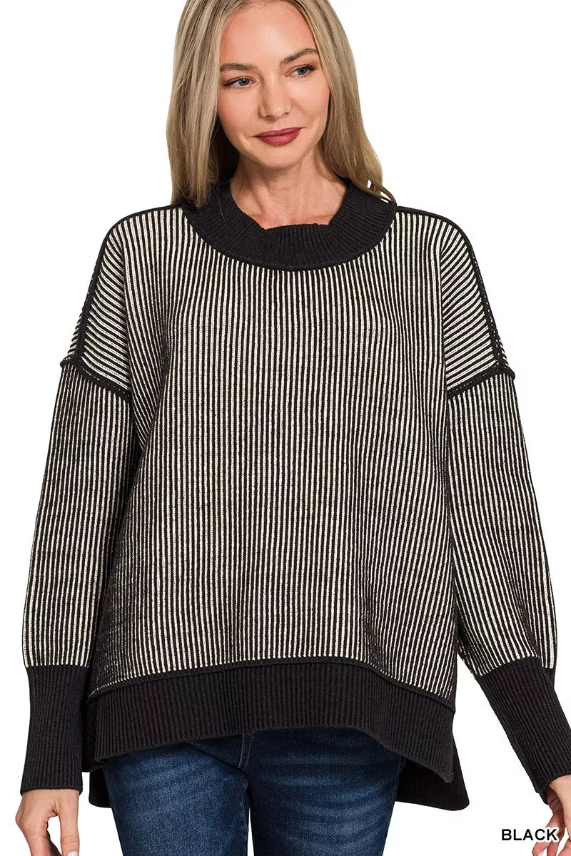 Zenana Exposed Seam Two Tone Ribbed Sweater