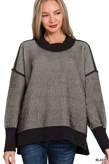 Zenana Exposed Seam Two Tone Ribbed Sweater