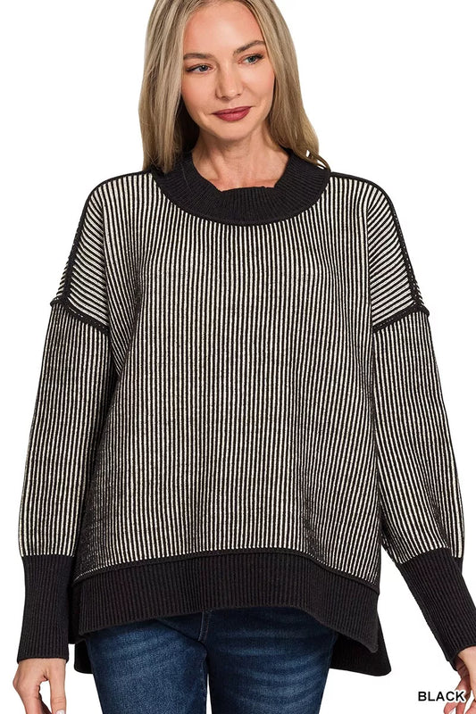 Zenana Exposed Seam Two Tone Ribbed Sweater