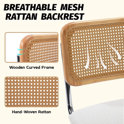 Modern Cesca Cane Dining Chairs, Set of 2, Handwoven Rattan Cane Back, Chrome Base, Upholstered Boucle Seat, Ideal for Kitchen or Dining Room, White-3