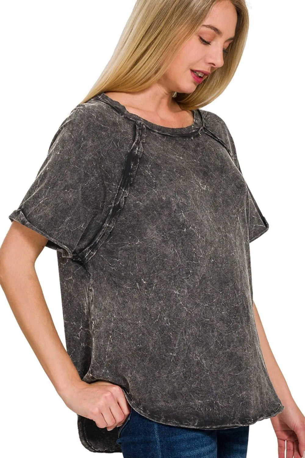 Zenana Back Patch Crinkle Washed Raglan Sleeve T-Shirts