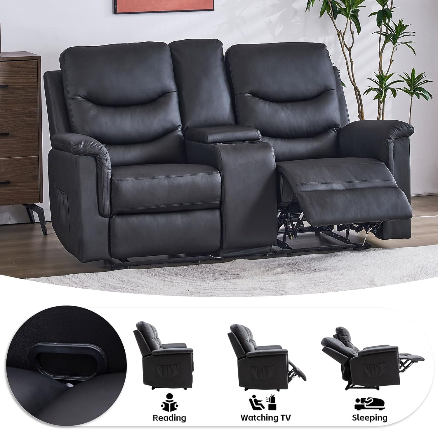 2 Pieces Recliner Sofa Set, Manual Recliner Sofa Set for Living Room Furniture Sets, Reclining Sofa and Loveseat Set, Reclining Loveseat Sofa with Console & Cup Houlders for Living Room-3
