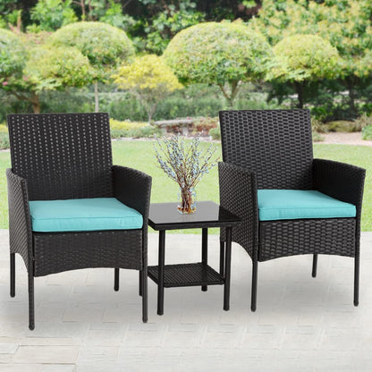3 Piece Outdoor Furniture Set Patio Wicker Chairs Furniture Bistro Conversation Set 2 Rattan Chairs with Blue Cushions and Glass Coffee Table for Porch Lawn Garden Balcony Backyard-1