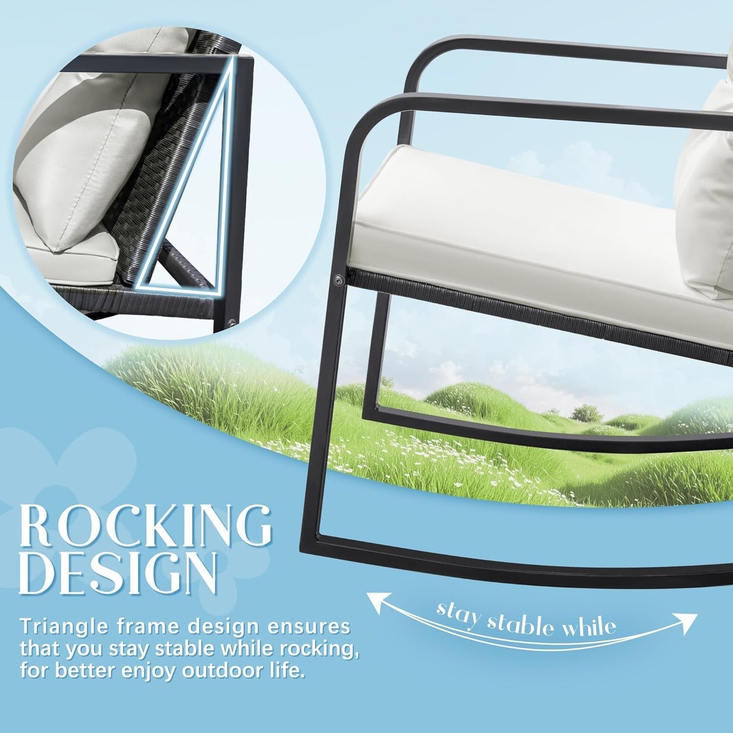 Patio Chairs 3 Piece Wicker Rocking Chair Outdoor Bistro Sets with Coffee Table and Cushions Metal Frame Patio Furniture for Porch, Balcony, Lawn (White)-3