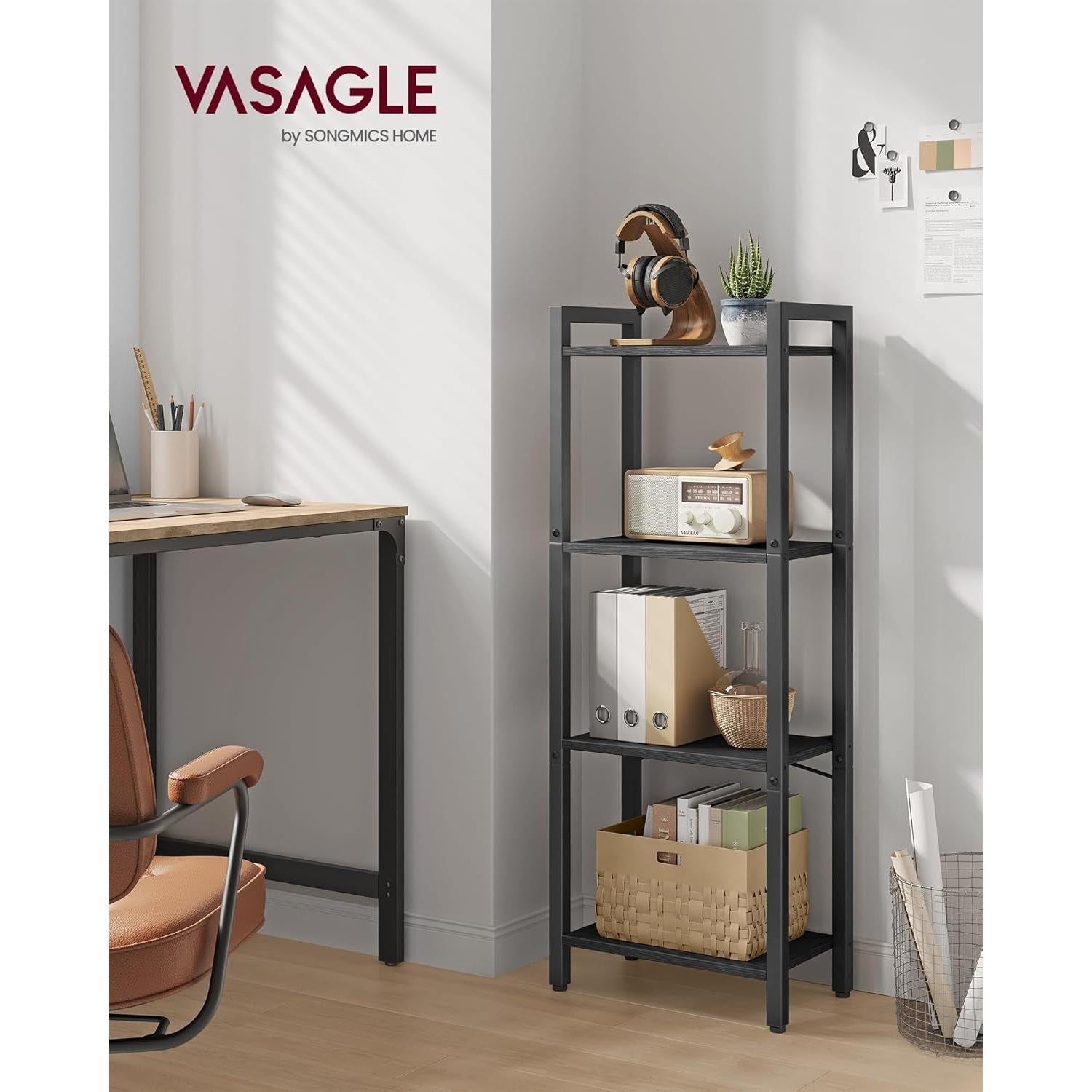 4-Tier Tall Bookshelf, Bookcase with Steel Frame, Book Shelf for Living Room, Home Office, Study, 9.4 X 15.7 X 42.1 Inches, Industrial Style, Ebony Black and Black ULLS099B56-1