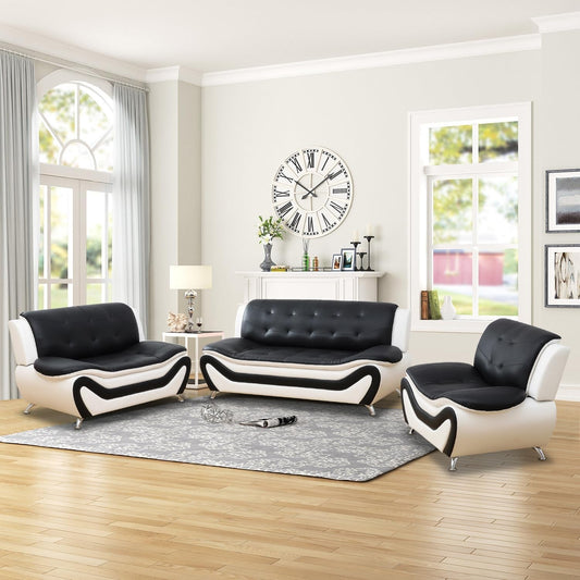 Leather Sofa Set,Leather Sofa Set for Living Room Furniture Sets, Loveseat Sofa with Chair 3-Piece for Living Room/Office/Apartment(Black&White)-0