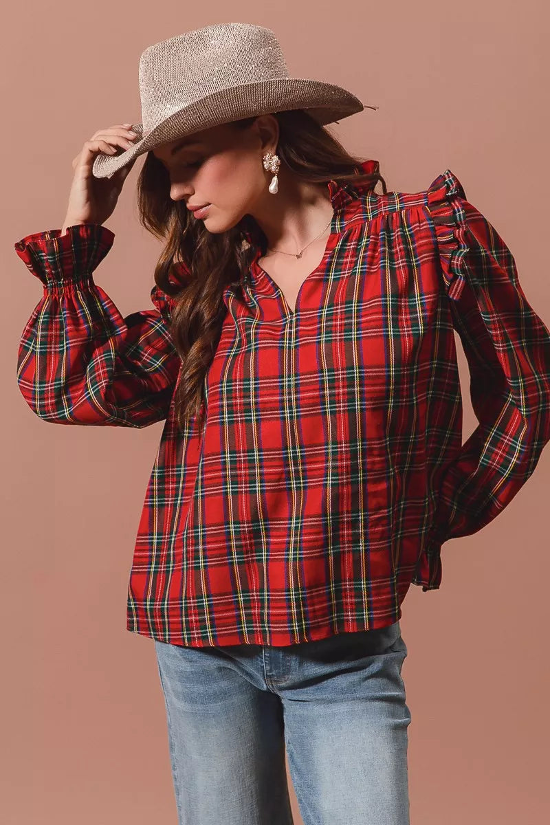 SO ME Christmas Checkered Plaid Smocked Blouse