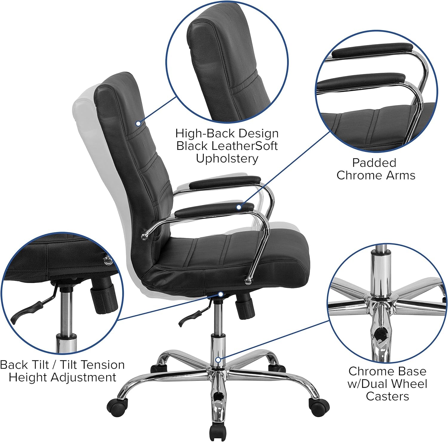 Whitney High-Back Swivel Leathersoft Desk Chair with Padded Seat and Armrests, Adjustable Height Padded Office Chair, Black/Chrome-3