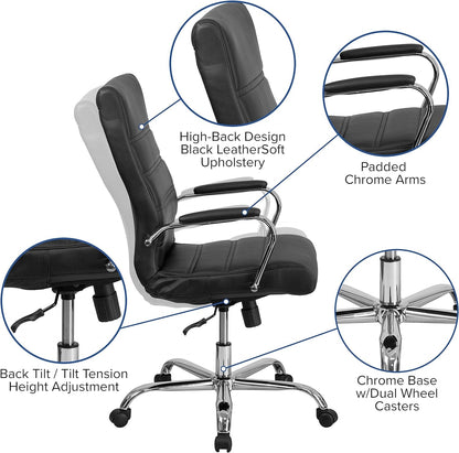 Whitney High-Back Swivel Leathersoft Desk Chair with Padded Seat and Armrests, Adjustable Height Padded Office Chair, Black/Chrome-3