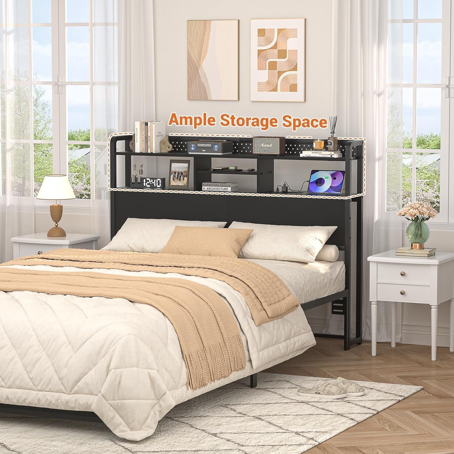 Queen Size Headboard with USB Ports and LED Light-1