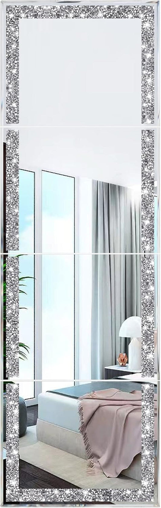 Full Length Mirror Tiles,Crystal Crush Diamond Full Body Wall Mirror,14''X11'' 4PCS Glass Frameless Make up Mirror for Home Decor,Room Decor,Wall Decor.-0