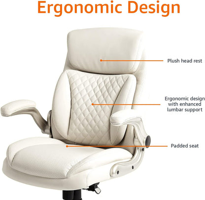 Ergonomic Desk Office Chair, Flip-Up Armrests, Adjustable Height, Cream Leather-4