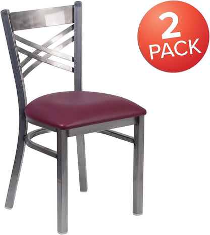 2 Pk. HERCULES Series Clear Coated ''X'' Back Metal Restaurant Chair - Burgundy Vinyl Seat-2