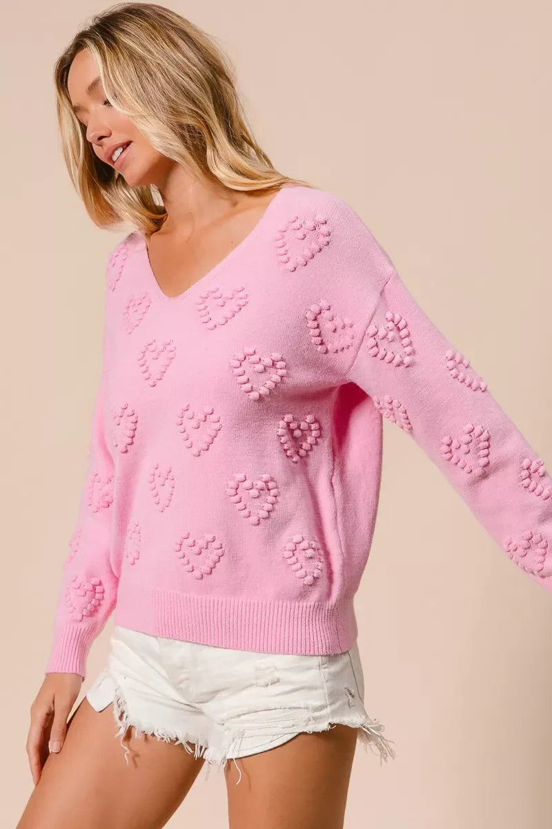 BiBi Valentines Heart Pompom V Neck Knit Top