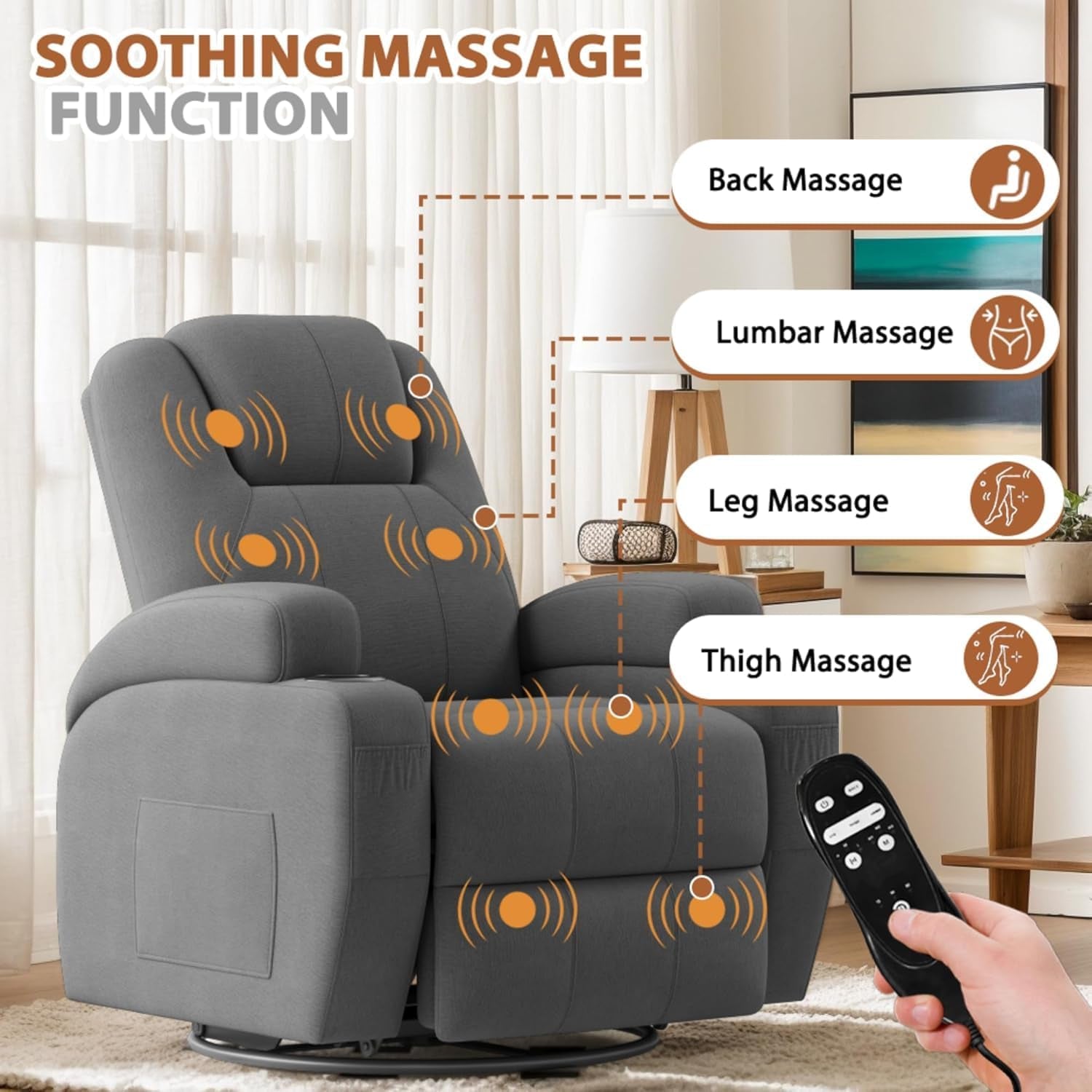 Gray Fabric Swivel Rocker Recliner With Vibration Massage-3