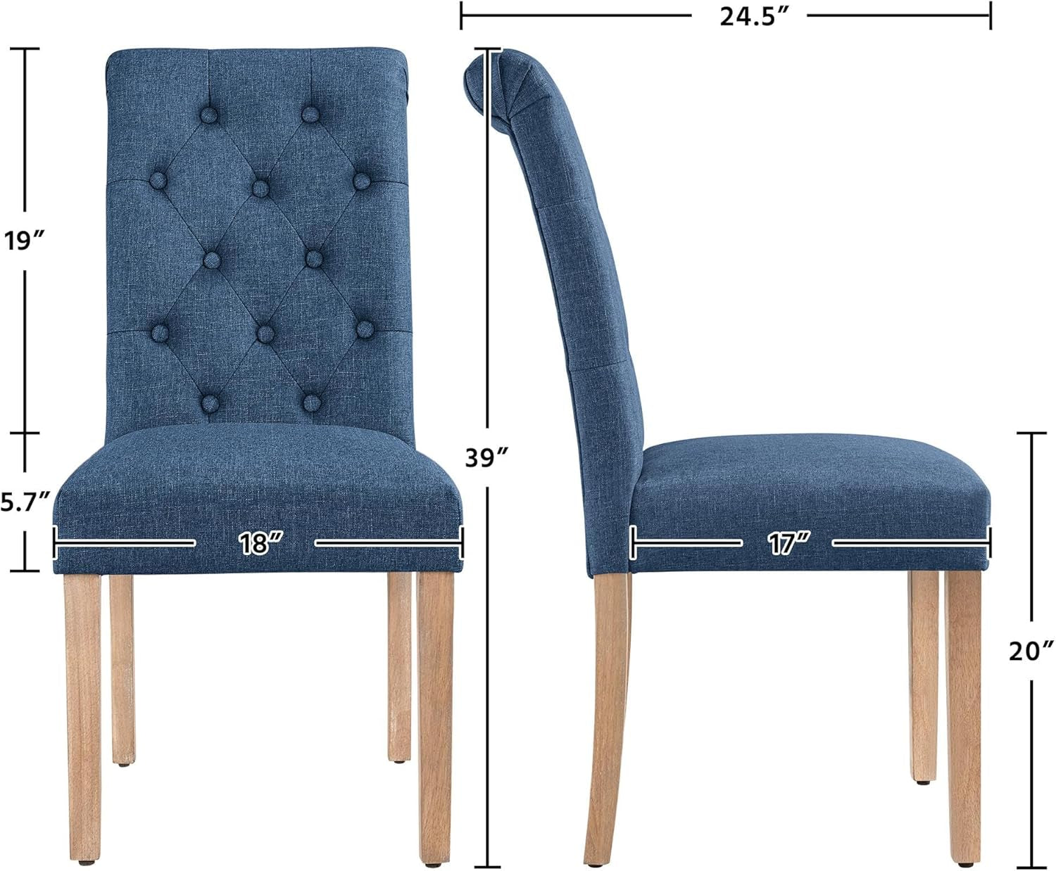Dining Chairs Set of 2 Button Tufted Parsons Kitchen Chairs Upholstered Fabric Dining Room Chairs with Solid Wood Legs and Padded Seat for Dining Room, Kitchen, Restaurant, 1 Package, Blue-2
