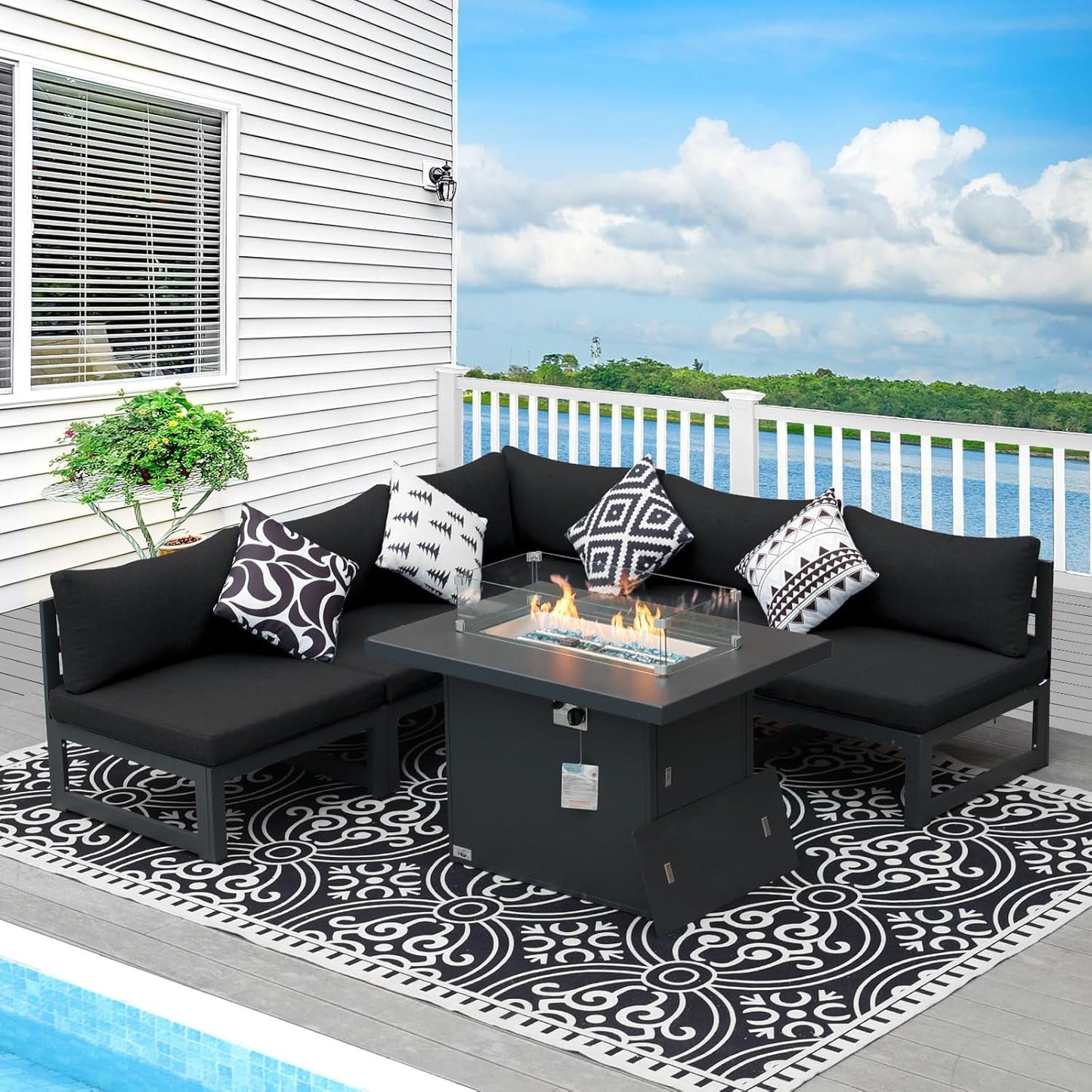 ® Modern Large Grey Aluminum Outdoor Patio Furniture Set with Fire Pit Table, 29'' Deep Wide Seating Conversation Sofa L Shaped Sectional Couch Set (6 Pieces, 5 Seats)-0