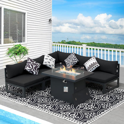 ® Modern Large Grey Aluminum Outdoor Patio Furniture Set with Fire Pit Table, 29'' Deep Wide Seating Conversation Sofa L Shaped Sectional Couch Set (6 Pieces, 5 Seats)-0