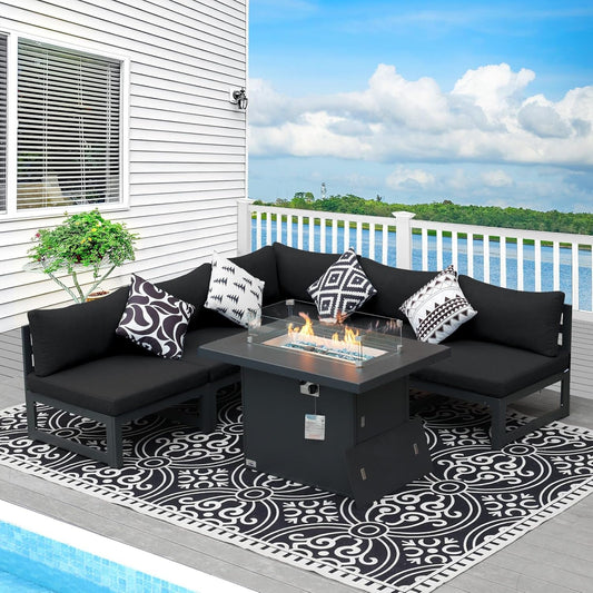 ® Modern Large Grey Aluminum Outdoor Patio Furniture Set with Fire Pit Table, 29'' Deep Wide Seating Conversation Sofa L Shaped Sectional Couch Set (6 Pieces, 5 Seats)-0