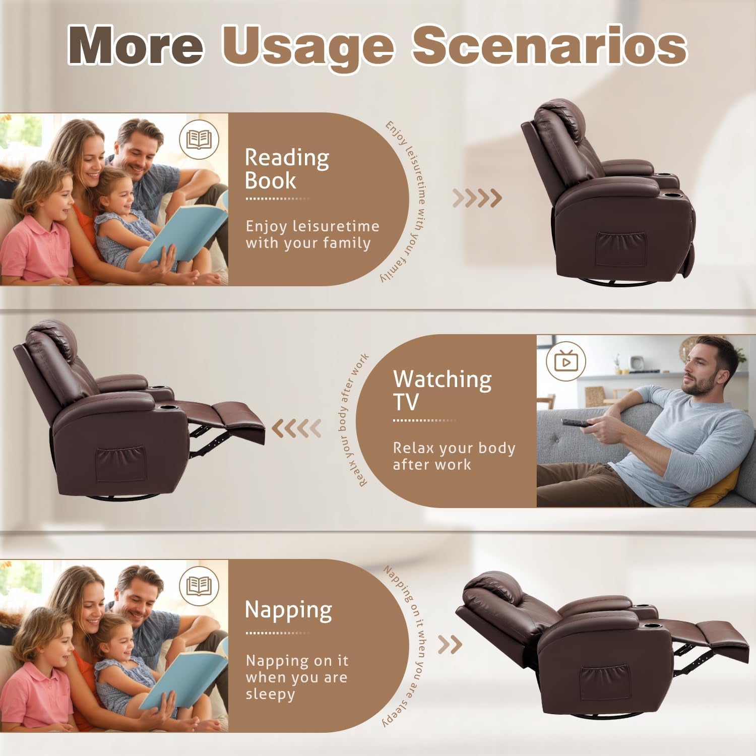 Recliner Chair, 360° Swivel Rocker Chair for Adults, Rocking Recliner Chair with Massage, Comfy Single Sofa with Side Pockets Cup Holders for Living Room, Bedroom, Nursery (Leather, Dark Brown)-4