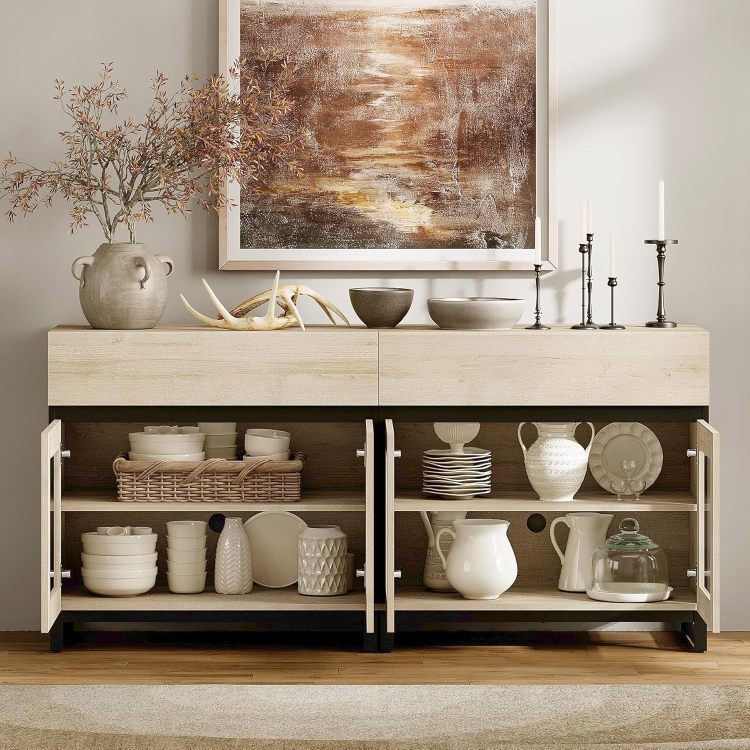 Premium Contemporary Oak Sideboard Buffet Glass Doors-3