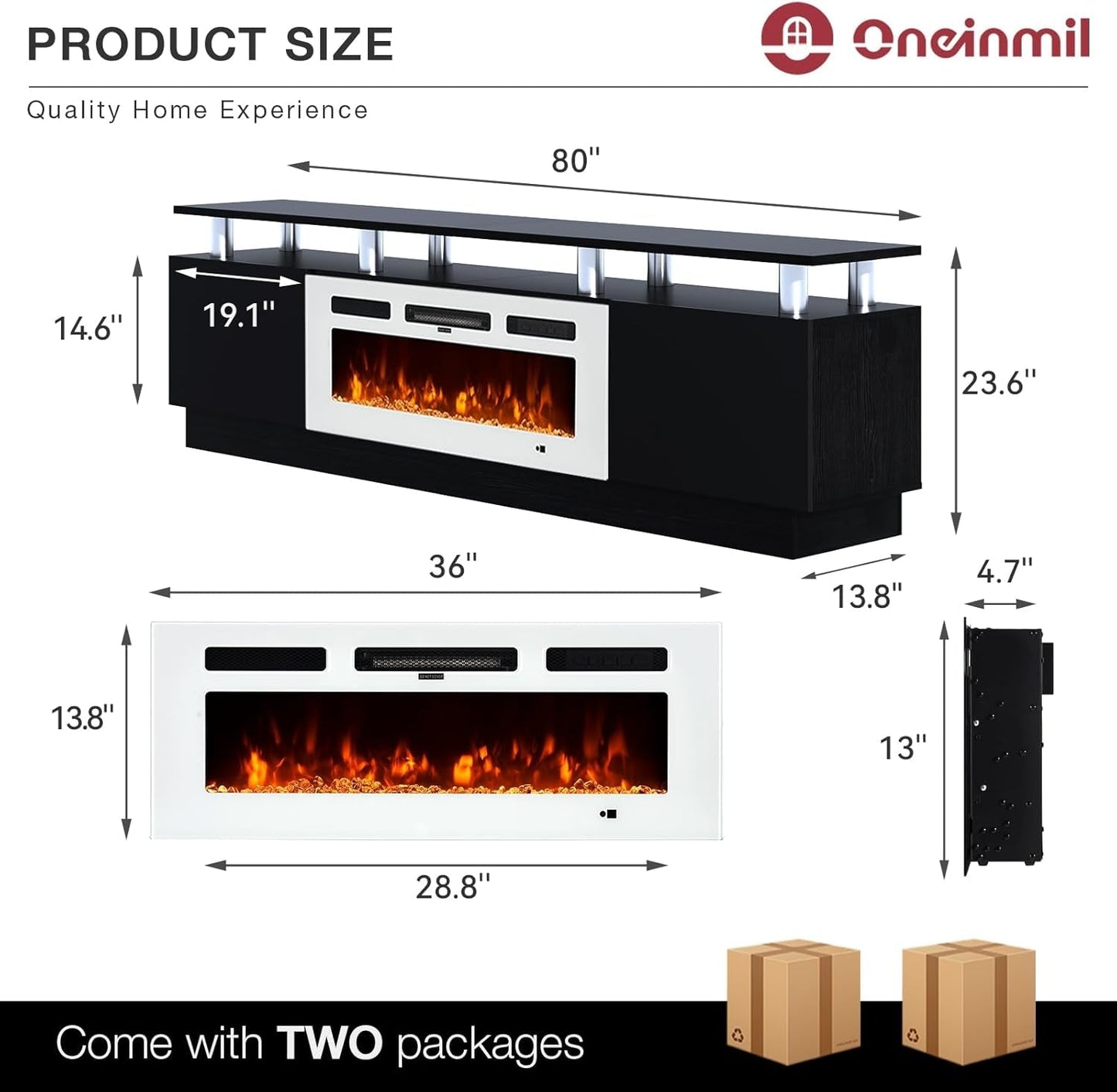 Fireplace TV Stand with 36” Electric Fireplace, 80” 2 Tier TV Console Stand for Tvs up to 90", LED Light Entertainment Center, Fireplace for the Living Room TV Stand, Black-1