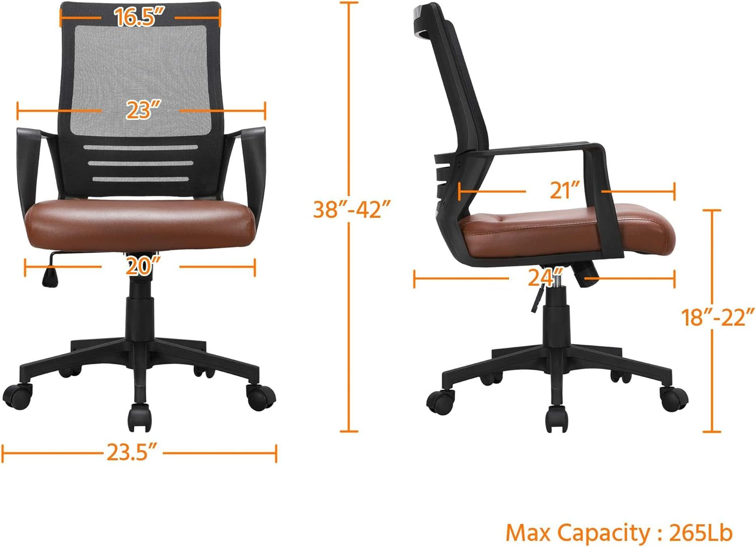 Ergonomic Home Office Chair Leather and Mesh Combine Desk Chair Rolling Swivel Adjustable Mesh Chair with Lumbar Support and Armrests for Office and Home, Brown-2
