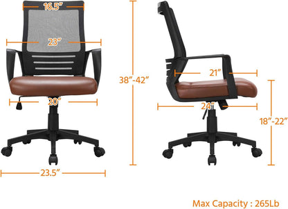 Ergonomic Home Office Chair Leather and Mesh Combine Desk Chair Rolling Swivel Adjustable Mesh Chair with Lumbar Support and Armrests for Office and Home, Brown-2