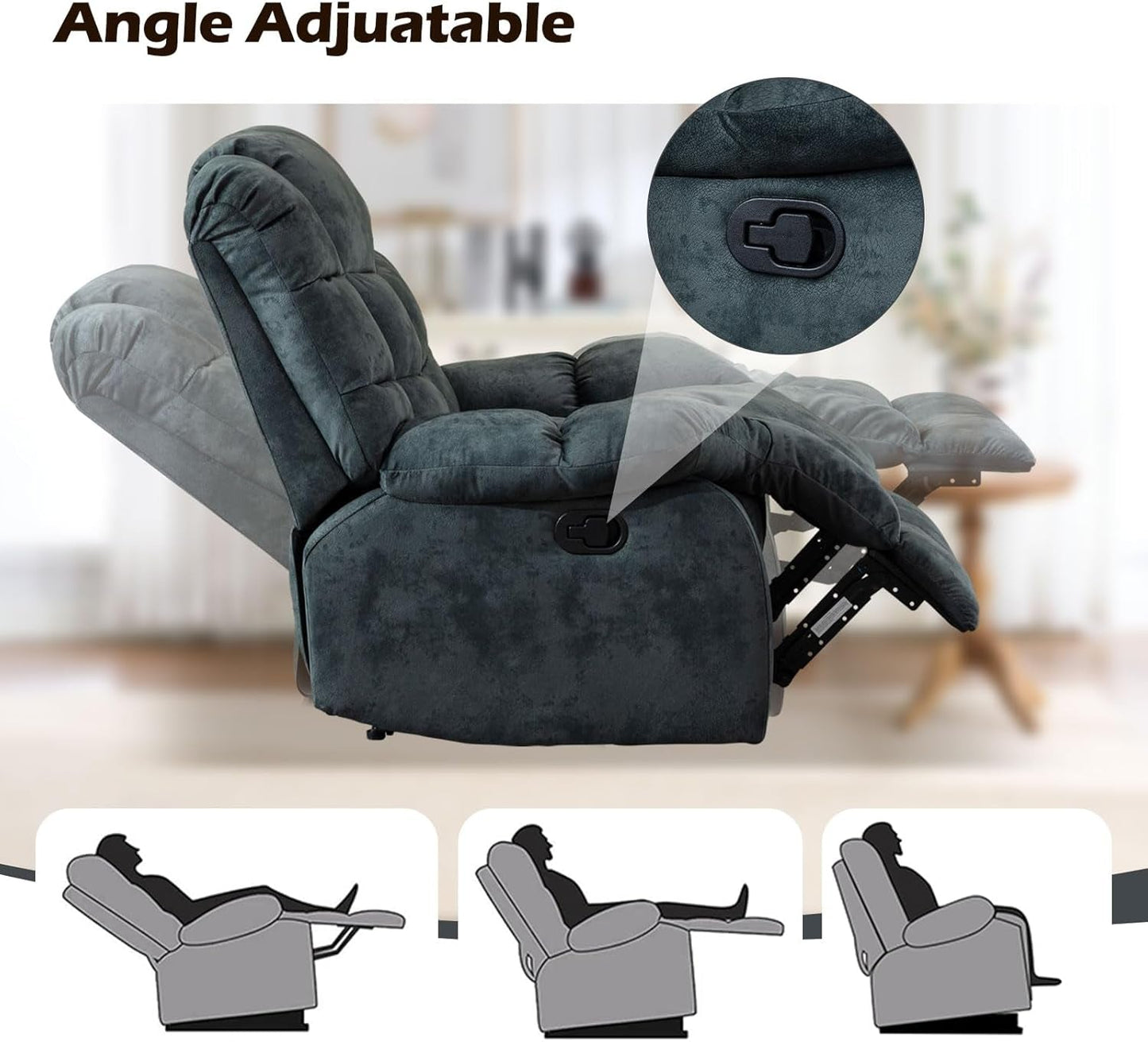 Reclining Living Room Set, One Seat Manual Recliner, Loveseat Recliner Sofa and 3PC Bonded Manual Recliner Set, Grey(Recliner+Loveseat+Sofa)-4