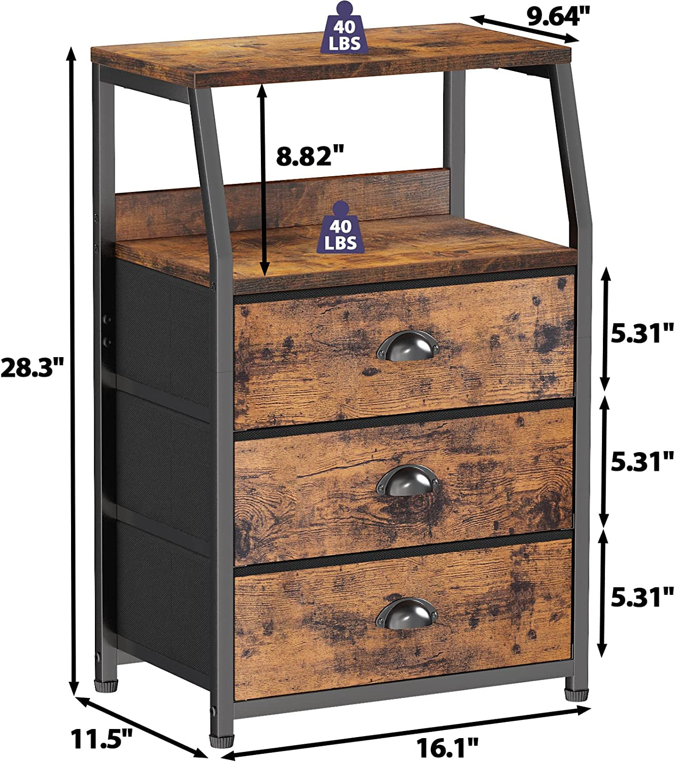 Nightstand with 3 Drawers and 2-Tier Shelf, Fabric Small Dresser Organizer Vertical Storage Tower for Bedroom, Closet, Hallway, Nursery, End Table Side Furniture, Sturdy Steel Frame, Wood Top-2