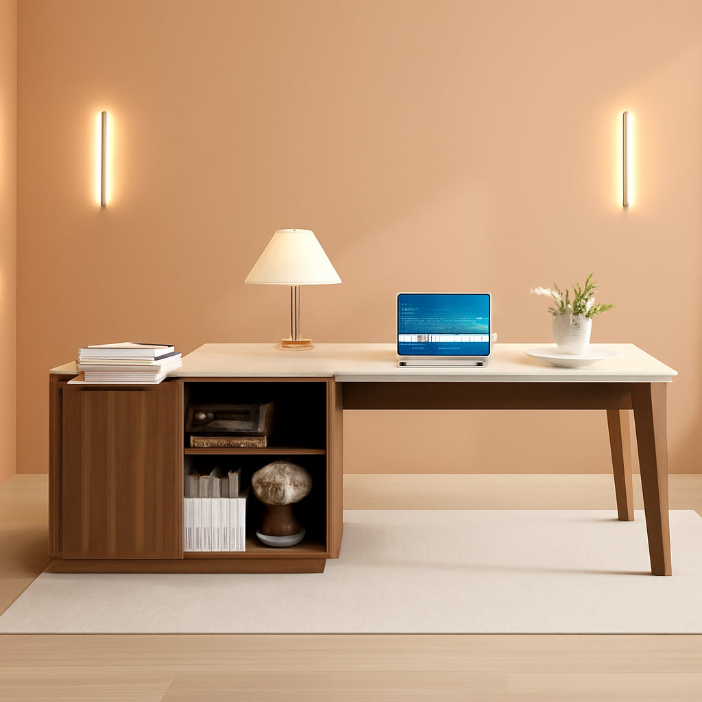 79" Cream White L Desk Executive Office Storage-0