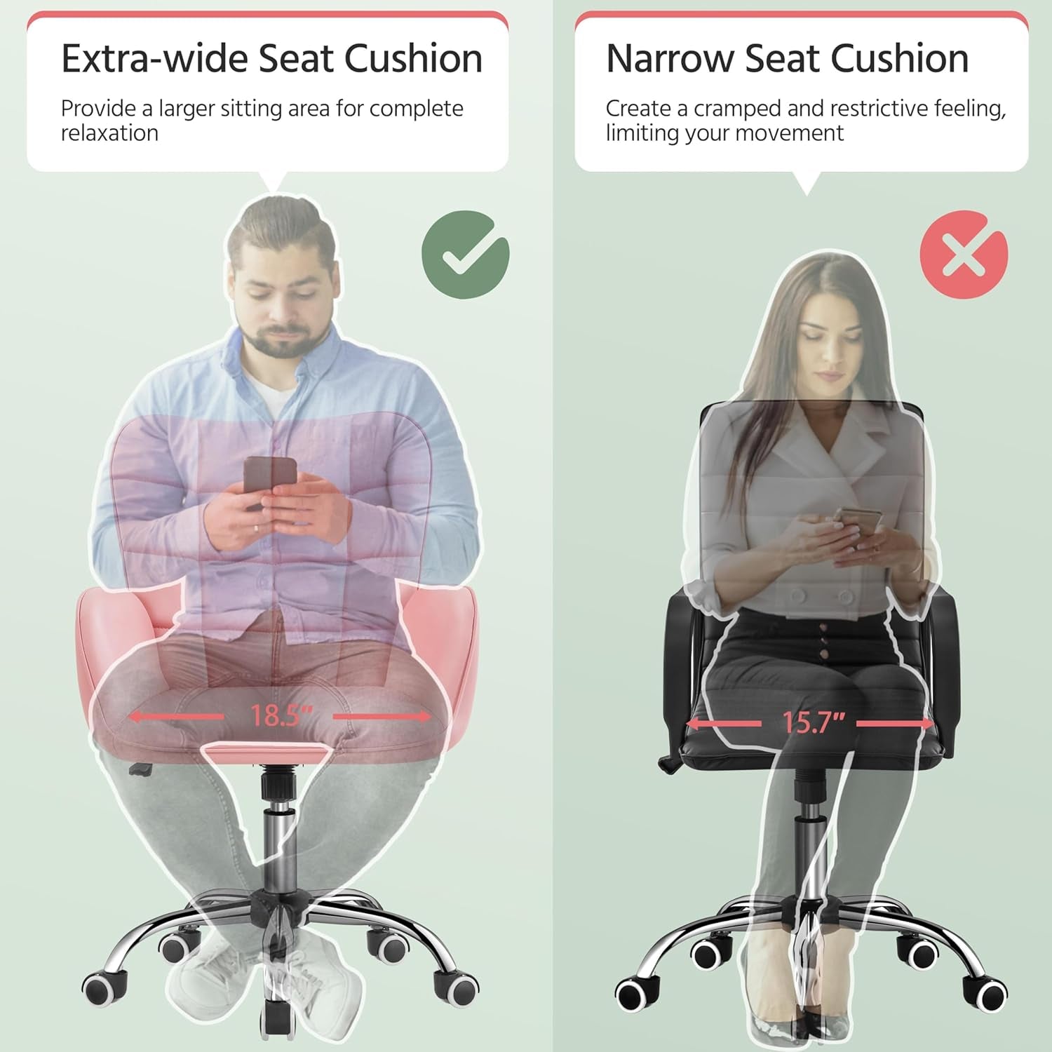 Faux Leather Office Chair Modern Vanity Chair Ergonomic Adjustable Makeup Chair with Padded Armrests Big Seat for Office, Study, Home, Pink-4