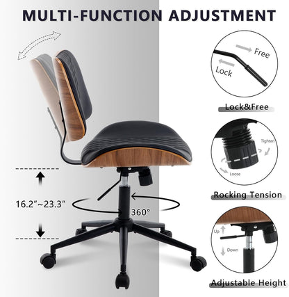 Home Office Chair No Arms with Wheels, Adjustable Height Small Desk Chair, PU Leather Mid Back 360 Swivel Computer Chair, Armless Modern Walnut Chair for Office, Reading Meeting Room(Black)-4