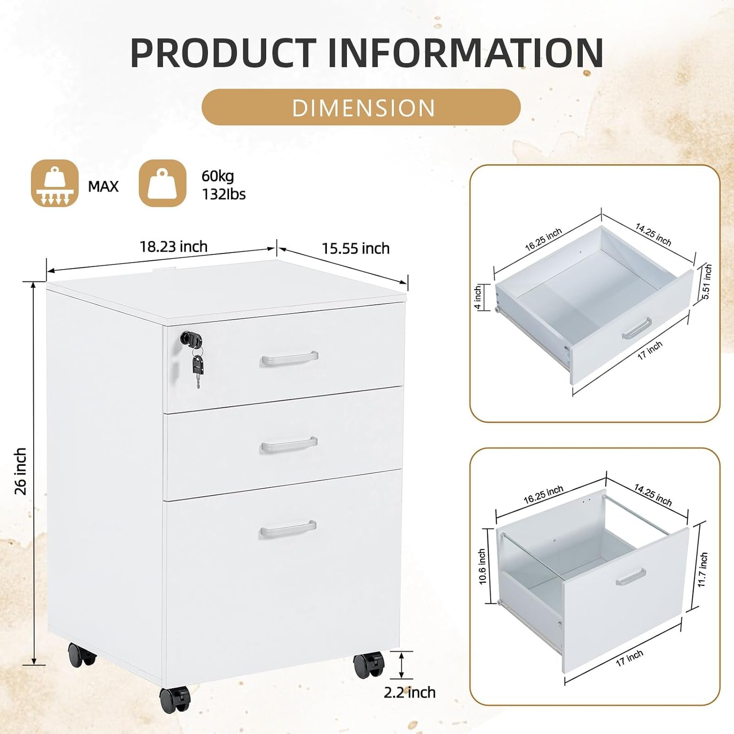 3 Drawer Mobile File Cabinet, Rolling Vertical Filing Cabinet Fits A4, Legal Paper and Letter Paper for Home Office, White with Lock-2