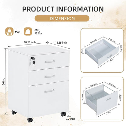 3 Drawer Mobile File Cabinet, Rolling Vertical Filing Cabinet Fits A4, Legal Paper and Letter Paper for Home Office, White with Lock-2